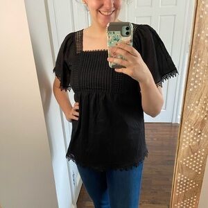 Gracie Black Lace Embroidery Trim Short Sleeve Blouse 100% Silk & Cotton Tieback